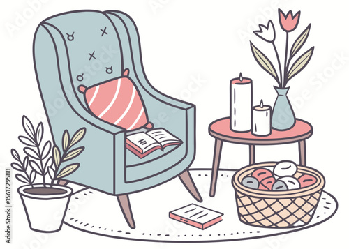 Cozy interior with armchair, books, and flowers in a vase, comfortable home decor vector illustration