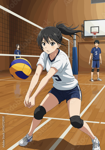 Young girl playing volleyball in gym with teammates watching  