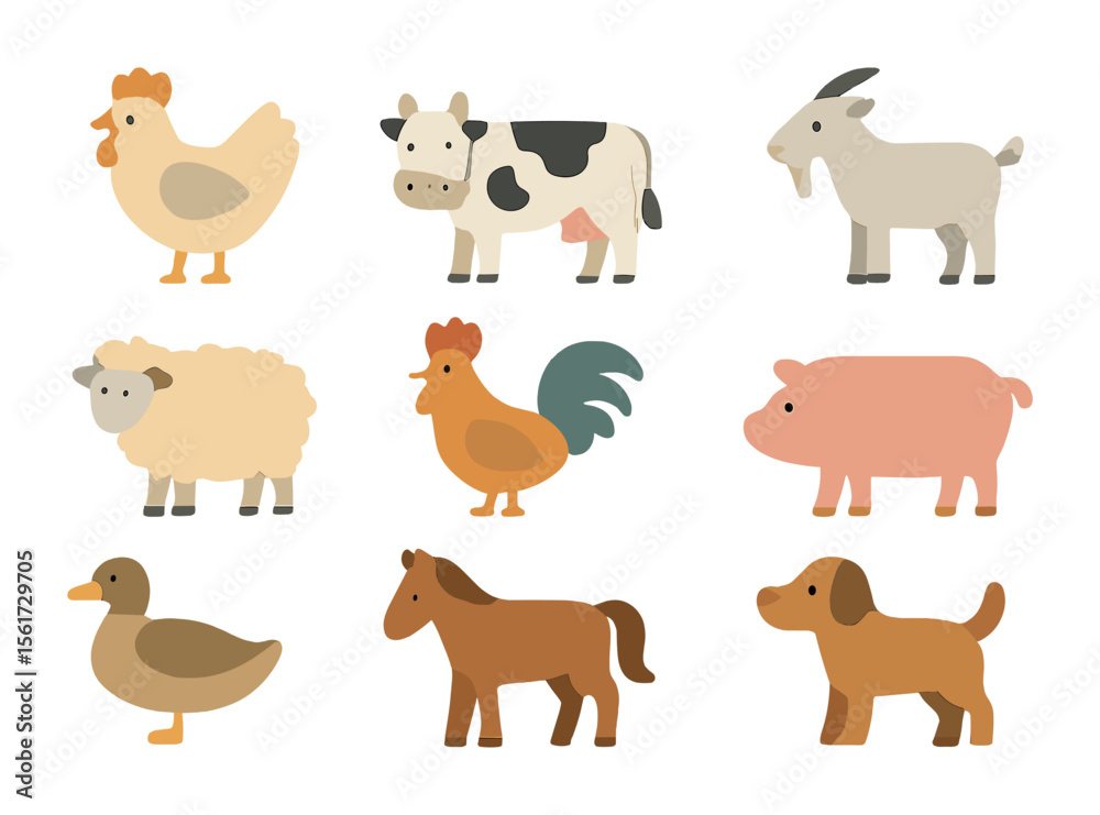 Fototapeta premium Farm Animal Icons. Flat icon set of farm animals at home: chicken, cow, goat, sheep, rooster, pig, duck, horse