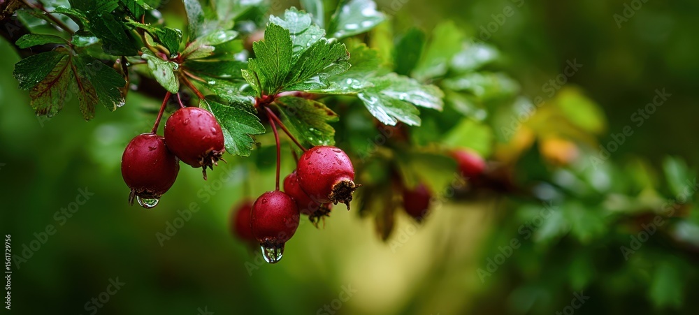 Fototapeta premium The vibrant hawthorn berries glistening with water droplets after rainfall.