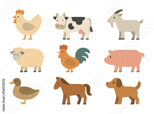 Farm Animal Icons. Flat icon set of farm animals at home: chicken, cow, goat, sheep, rooster, pig, duck, horse