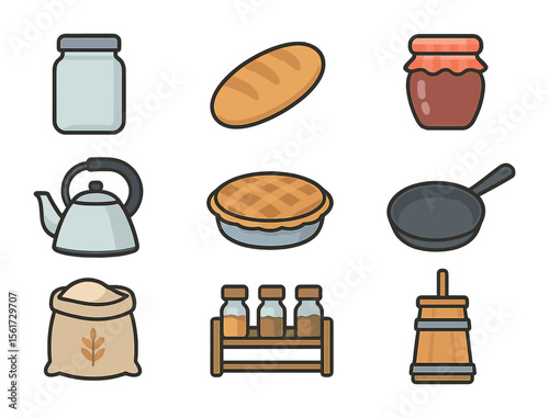 Farmhouse Kitchen Icons. Flat icon set of farmhouse kitchen goods: mason jar, bread loaf, jam jar, kettle, pie