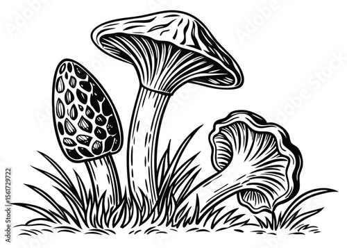 Edible forest mushrooms morel chanterelle black and white line art drawing vector illustration