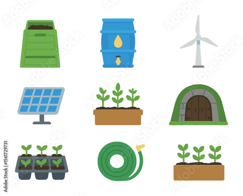 Sustainable Farm Icons. Flat icon set of sustainable farm living: compost bin, rain barrel, solar panel, wind