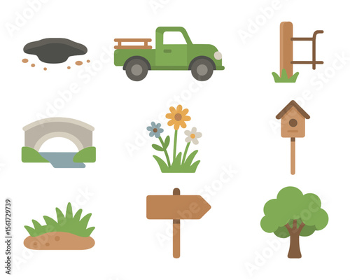 Dirt Road Icon Set. Flat icon set of dirt road surroundings: pothole, farm truck, fence post, small bridge,