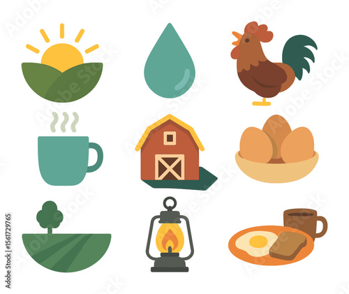 Morning Farm Icons. Flat icon set of early morning on the farm: sunrise, dew drop, rooster crowing, steaming