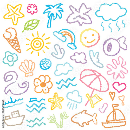 A colorful doodle-style collection of beach and summer-themed icons. These include items like a sun, clouds, seashells, fish, starfish, ice cream, waves, a smiling face, and a beach umbrella etc.