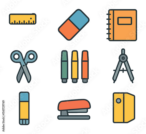 School Supplies Icon Set. Flat icon set of school supplies essentials: ruler, eraser, notebook, scissors,