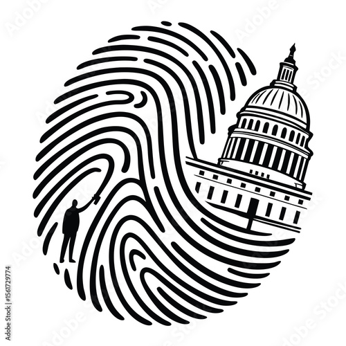 Capitol building in fingerprint, politics and identity concept, government influence vector illustration