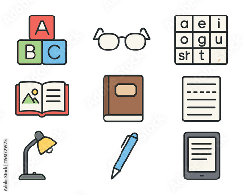 Literacy Tools Icons. Flat icon set of literacy tools: alphabet blocks, reading glasses, phonics chart,