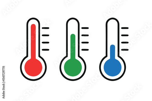 Three Thermometers Displaying Various Temperature Levels Representing Hot, Moderate, and Cold Conditions Against a White Background with Black Borders