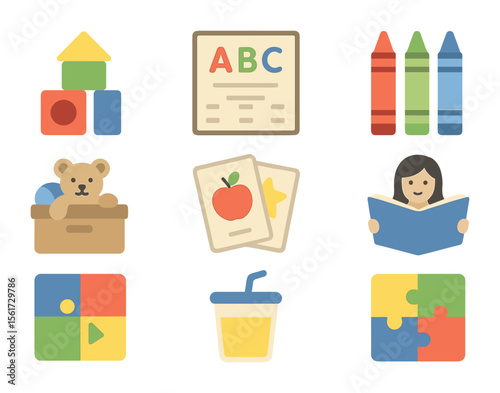 Early Childhood Icon Set. Flat icon set of early childhood education: building blocks, alphabet chart, crayons