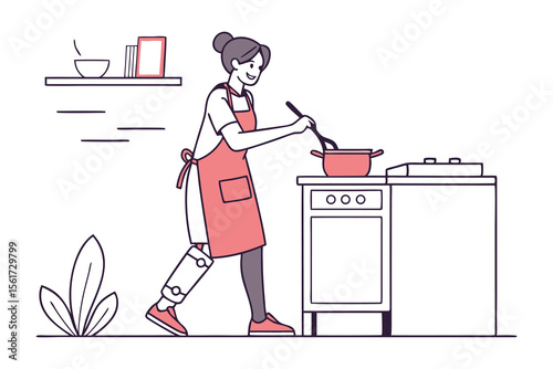 Cooking with Determination: A determined individual, equipped with a prosthetic limb, confidently stirs a pot on the stove, embodying resilience and independence in the kitchen.