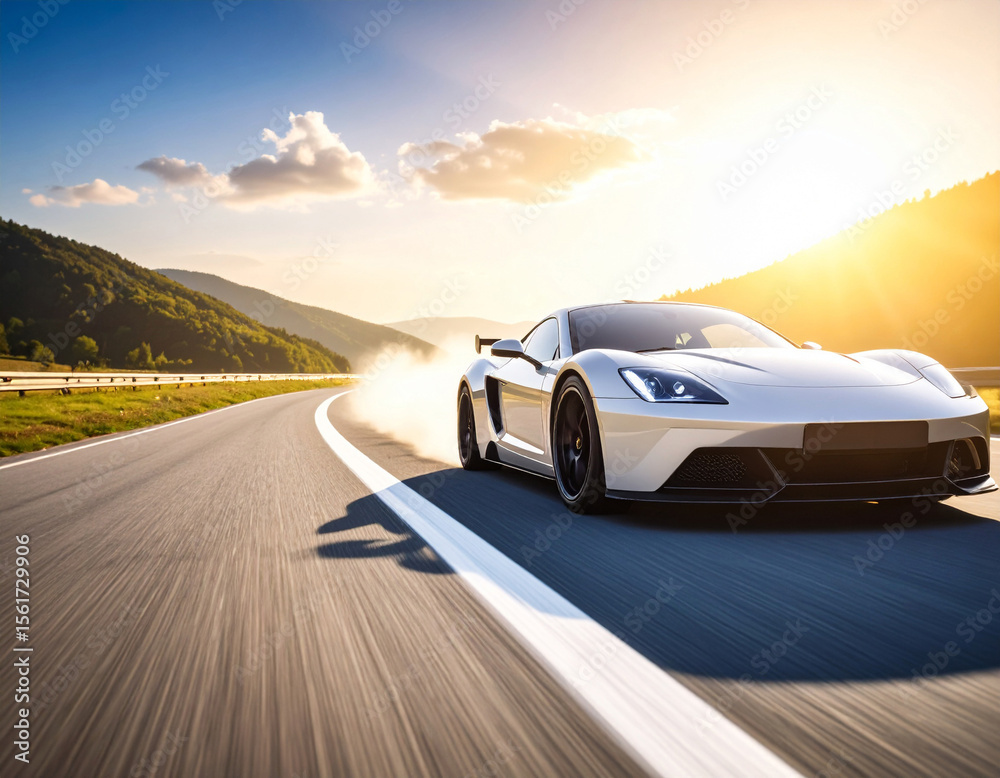 Naklejka premium White Sports Car Driving Fast on Scenic Road at Sunset, AI Generated
