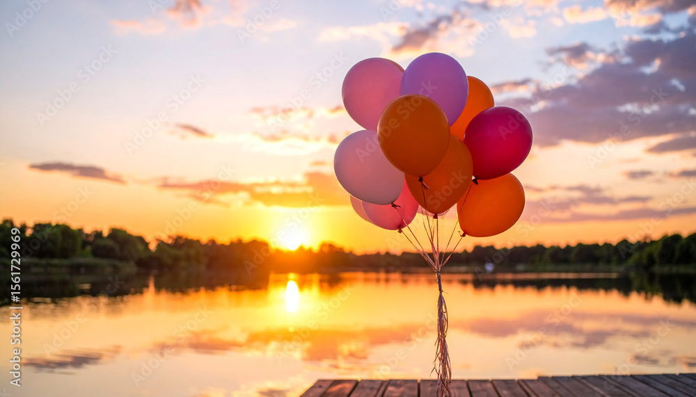 Fototapeta premium Colorful Balloons on Lake Pier at Sunset
