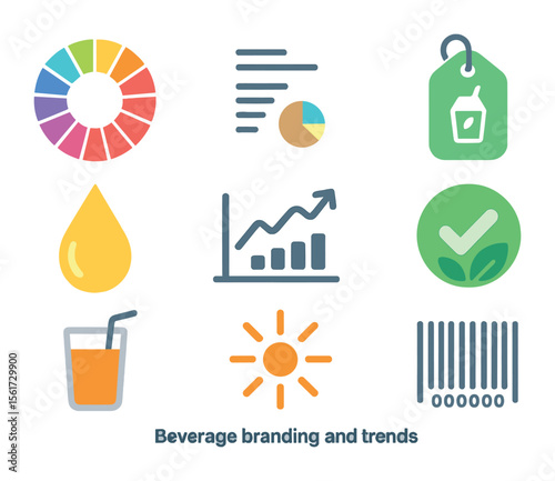 Beverage Icon Set. Flat icon set of beverage branding and trends: flavor wheel, nutrition facts, logo tag,