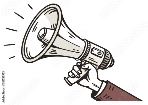 Hand holding megaphone loud speaker announcement marketing communication vector illustration