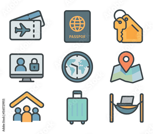Digital Nomad Icons. Flat icon set of digital nomad life: airplane ticket, passport, hostel key, remote login,