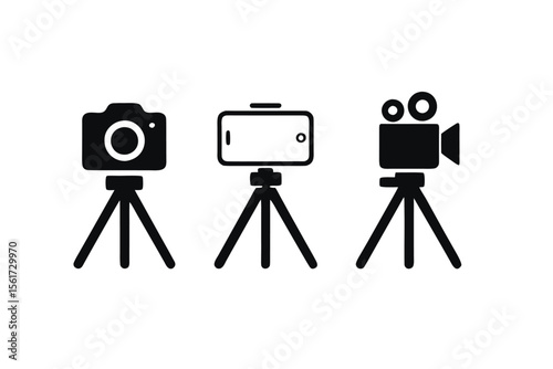 Iconic Representations of Filming Devices Black and White Images with Modern Phone Old School Camera and Film Camera
