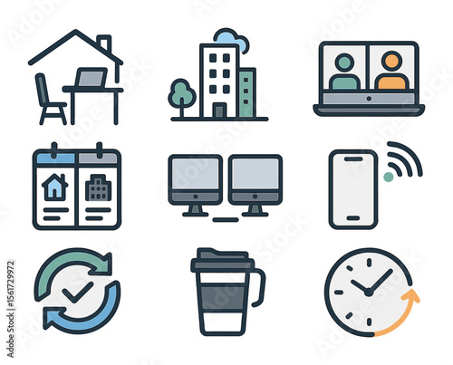Hybrid Work Icons. Flat icon set of hybrid work models: home desk, city office, calendar split, online meeting