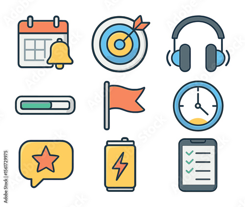 Productivity Icon Set. Flat icon set of productivity boosters: calendar reminder, goal chart, noise-canceling