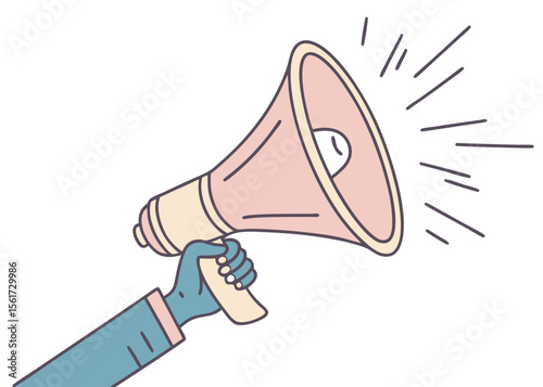 Hand holding megaphone promoting announcement marketing message communication vector illustration