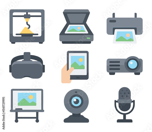Tech Tools Icons Grid. Flat icon set of shared tech tools: 3D printer, photo scanner, public printer, VR