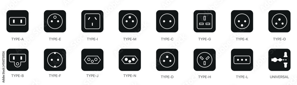 Power socket icon set. Electric outlets featuring a diverse set of power sockets. Vector illustration Power socket icon set. Electric outlets featuring a diverse set of power sockets. Vector illustration