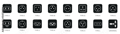 Power socket icon set. Electric outlets featuring a diverse set of power sockets. Vector illustration