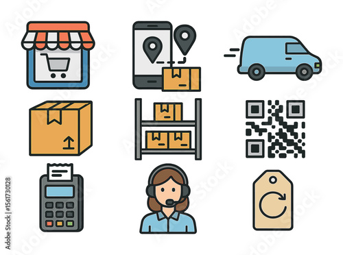 E-commerce Icon Set. Flat icon set of e-commerce supply chain: online store icon, order tracking, delivery van