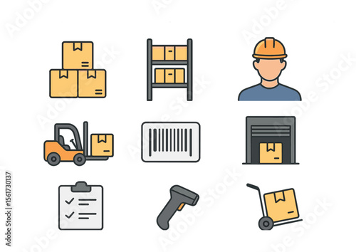 Warehouse Operations Icons. Flat icon set of warehouse operations: stack of boxes, shelf unit, warehouse
