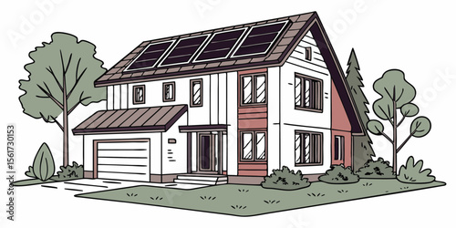 
Modern home with solar panels on roof, sustainable living and energy efficiency vector illustration