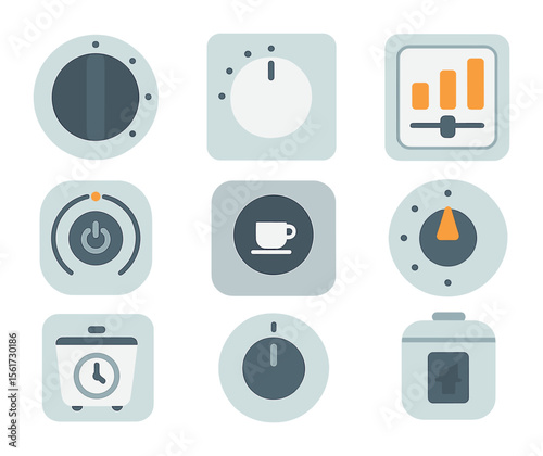 Kitchen Appliance Icon Set. Flat icon set of kitchen appliance settings: oven knob, microwave dial, toaster