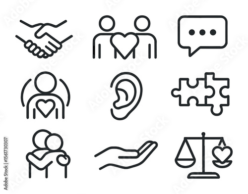 Emotional Intelligence Icons. Flat icon set of emotional intelligence in relationships: handshake, heart