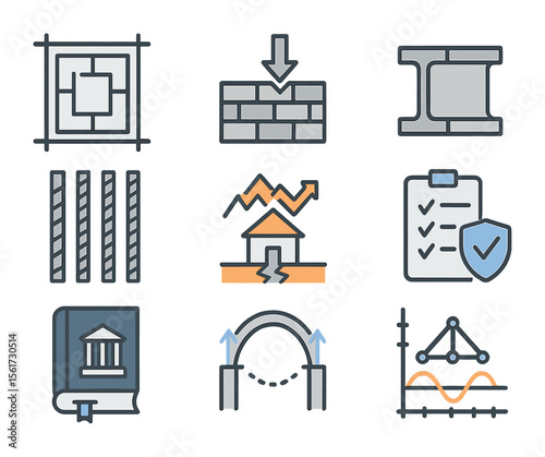 Structural Engineering Icons. Flat icon set of structural engineering: foundation plan, load-bearing wall,