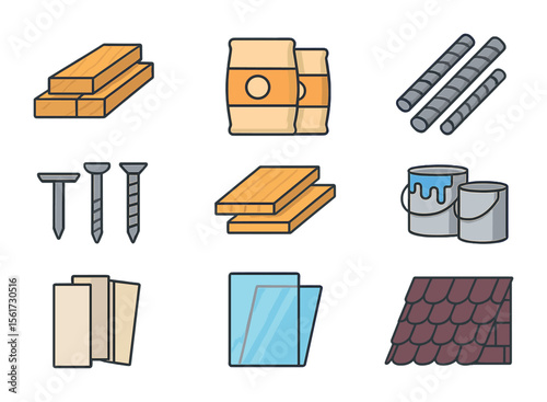 Building Materials Icons. Flat icon set of building materials tracking: wood planks, concrete bags, steel rods