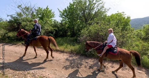 Woman and man on horses against a summer landscape.