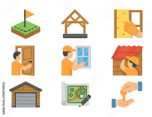 Home Building Icons. Flat icon set of home building process: land plot, house frame, wall insulation, door