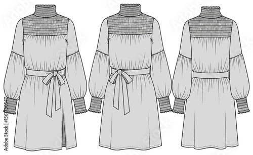 Three-view fashion sketch of high-collar smocked dress with side slit, cuffed long sleeves, waist belt, elegant structured design template