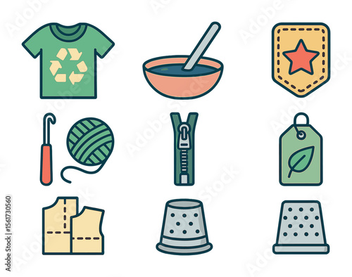 Sustainable Textile Icon Set. Flat icon set of sustainable textile crafts: upcycled t-shirt, fabric dye bowl,
