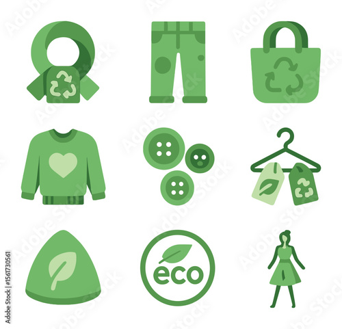 Eco Wardrobe Icons. Flat icon set of green wardrobe projects: reused scarf, repurposed jeans, shirt turned