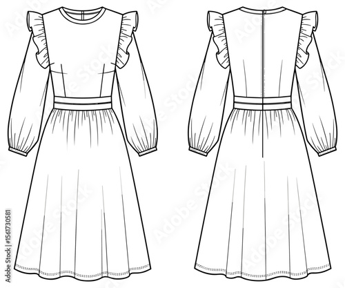 Mid-calf length dress sketch with ruffled shoulder details, fitted bodice, gathered skirt, elastic cuffs, and back zipper garment illustration