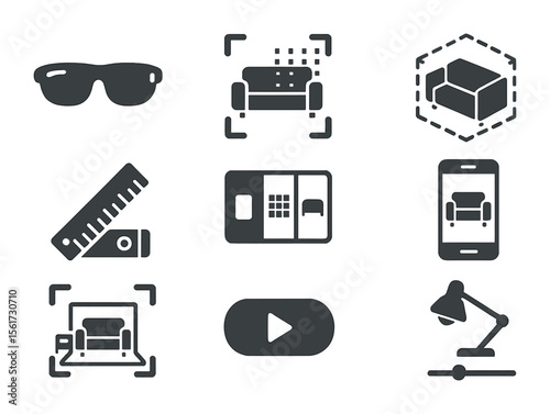 Augmented Reality Icon Set. Flat icon set of augmented interior visualization: AR glasses, scan room icon, 3D