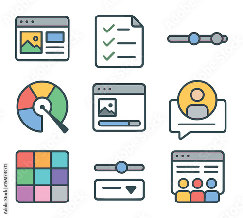 Virtual Design Icons. Flat icon set of virtual design workspaces: creative dashboard, task checklist, timeline