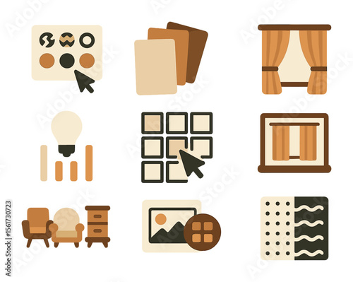 Interior Design Tools Icons. Flat icon set of style coordination tools: pattern picker, material selector icon