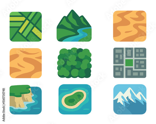 Aerial Landscape Icons. Flat icon set of aerial landscape views: farmland pattern, mountain ridge, winding