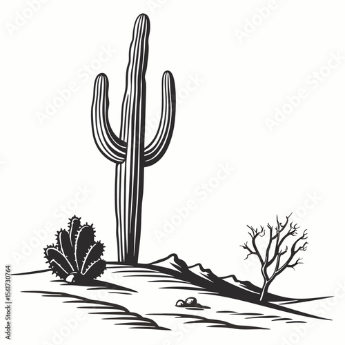 Monochrome desert landscape with cactus, mountains and bare tree silhouette vector illustration