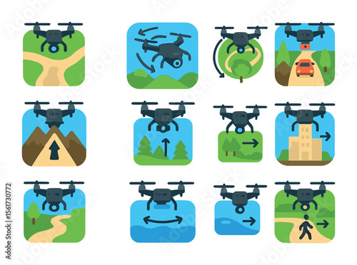 Cinematic Drone Icon Set. Flat icon set of cinematic drone shots: top-down shot, orbit motion, follow shot,