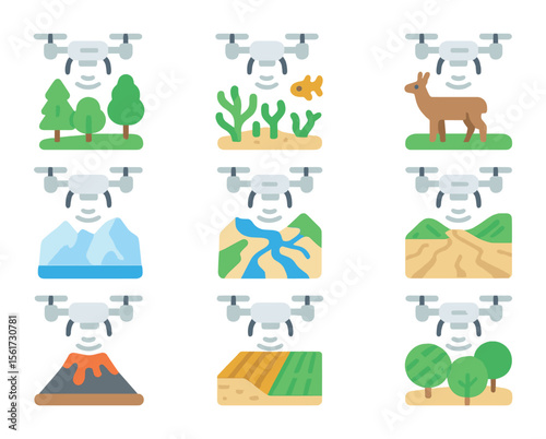 Environmental Drone Icons. Flat icon set of environmental drone capture: forest mapping, coral reef, wildlife