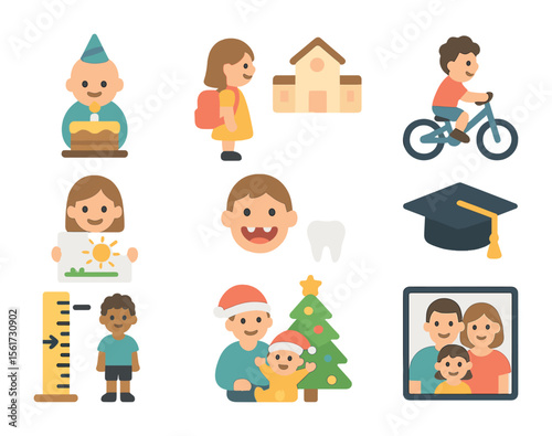 Child Milestones Icons. Flat icon set of special milestones with children: first birthday, first day of school